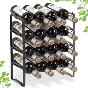 4 Tier stapelbare wijnrekken houden 8-16 flessen wijn, metalen vrijstaande wijnorganizer houder countertop likeur opbergrek, zwart