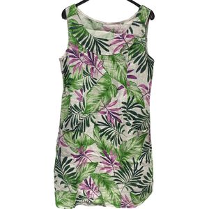 Puur linnen mouwloze jurk - steek zakken - getailleerd - kleur GROEN bloemen patroon - maat 42