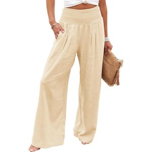 Dames Zomer Hoge Taille Katoenen Linnen Palazzo Broek - Wijde Pijpen Loungebroek met Zak