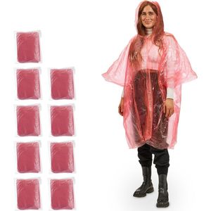 Relaxdays regenponcho - set van 10 - poncho - met capuchon - regenkleding - cape - rood