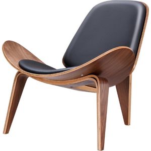 OxyFlowzy® - Nordic Lounge Stoel - Fauteuil - Zetel - Hout - Lederen Kussen - Leer - Hans Wegner Replica - Zwart/Walnoot Hout