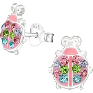 Joy|S - Zilveren lieveheersbeestje oorbellen - 7 x 9 mm - zilver roze met gekleurde kristalletjes - kinderoorbellen
