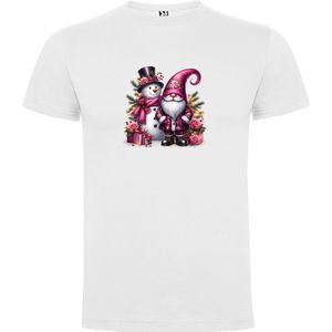 Wit T-Shirt met “Gnome in roze - Sneeuwpop - Kerst“ Print Full Color Maat S