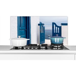 Spatscherm keuken 100x50 cm - Kookplaat achterwand Deur - Blauw - Wit - Architectuur - Muurbeschermer - Spatwand fornuis - Hoogwaardig aluminium