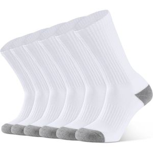 CLOSEMATE Crew Socks Sports Socks Men Women Non-Slip Cotton Breathable Elastic for Running and Cycling 6 Pairs, 6White, 47-50