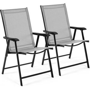 Set van 2 tuinstoelen, hoge rugleuning, klapstoelen, terrasstoelen met rugleuning en armleuningen, inklapbare outdoorstoelen, eetkamerstoelen, belastbaar tot 150 kg, grijs