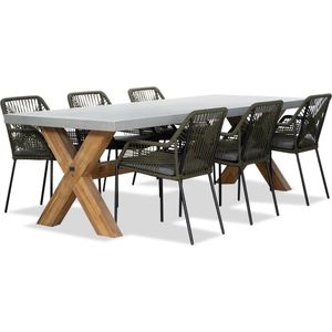 BUITEN living Norwich/Seville olijfgroen dining tuinset 7-delig | betonlook + touw | 250cm | 6 personen