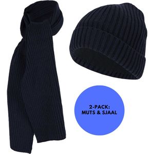 Sarlini - Muts & Sjaal jongens - Ribbed - Effen - 4/8 Jaar - Navy