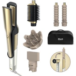 Shark Glam 5-in-1 Multistyler en Föhn - inclusief Silki Stijltang, Glossi Opzetborstel, 2 Krullers, Concentrator en Diffuser - Wit/Goud - Geschikt voor alle haartypes, Stylen van nat én droog haar - HD6052SEU