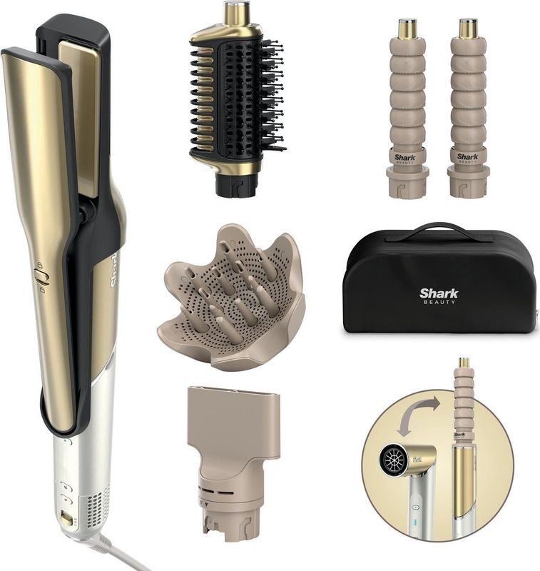 Shark Glam 5-in-1 Multistyler en Föhn - inclusief Silki Stijltang, Glossi Opzetborstel, 2 Krullers, Concentrator en Diffuser - Wit/Goud - Geschikt voor alle haartypes, Stylen van nat én droog haar - HD6052SEU