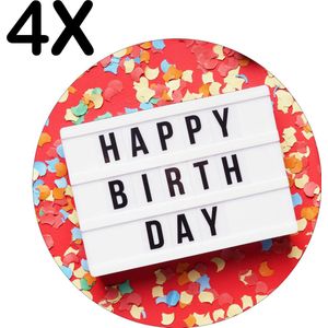 BWK Stevige Ronde Placemat - Happy Birthday met Confetti en Slingers - Set van 4 Placemats - 40x40 cm - 1 mm dik Polystyreen - Afneembaar