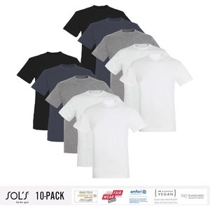 10 Pack Sol's Heren T-Shirt 100% biologisch katoen Ronde hals Zwart, Donker Grijs, Grijs, Lichtgrijs gemeleerd, wit Maat 4XL