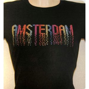 T-shirt zwart Amsterdam glitter regenboog dames | Maat 2XL