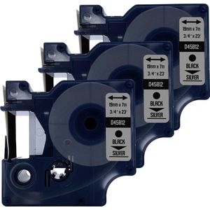 DULA Dymo D1 45812 Compatible label tape - 3 lettertapes - Zwart op zilver - 19mm x 7m