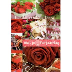 Hartelijk gefeliciteerd met je … verjaardag! Een bijzondere kaart vol met rode rozen en cadeautjes er omheen. Een leuke kaart om zo te geven of om bij een cadeau te voegen. Een dubbele wenskaart inclusief envelop en in folie verpakt.