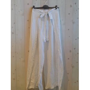 Linnen broek met zij stukken - elastische talie - strikje - kleur WIT - Maat 38/40