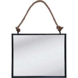 HAES DECO - Grote Rechthoekige Spiegel aan Touw - Kleur Zwart - Formaat 50x4x40 cm - Materiaal MDF / Metaal - Wandspiegel, Spiegel Rechthoek