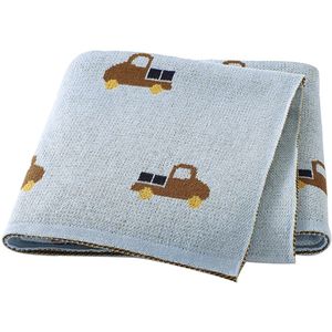 Pretty Panda - Wiegdekentje vrachtwagens licht blauw - superzacht bio katoen met OEKO Tex label - ideaal kraamcadeau - voor baby en peuter