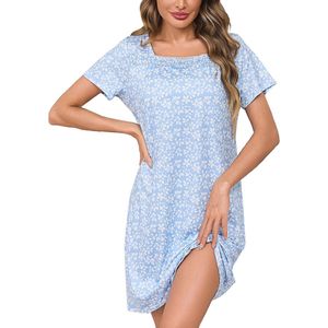 Dames Nachtjurk Korte Mouwen Kant Nachtjapon Vierkante Hals Pyjama Comfortabele Korte Nachtoutfit