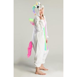 KIMU Onesie Regenboog Pegasus Pak - Maat 140-146 - Eenhoornpak Kostuum Eenhoorn Unicorn Wit - Kinder Dierenpak Huispak Jumpsuit Pyjama Meisje Festival