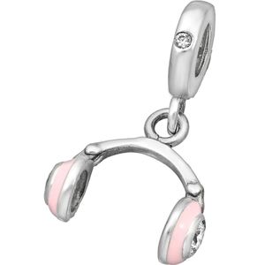 EAR IT UP - Bedel - Koptelefoon - Zirkonia - 925 sterling zilver - Muziek - Roze - Emaille - Charm - Bead - Headphone - 23 x 14 mm - 1 stuk
