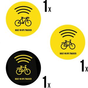 Set fiets stickers | ""Built-in GPS tracker"" | ⌀ 4,5 cm | 3 verschillende modellen | Anti-diefstal | Dieven ontmoedigen | Ronde stickers | Opvallend | Geel | Weerbestendig | Velo | Beveiliging | Fietsen