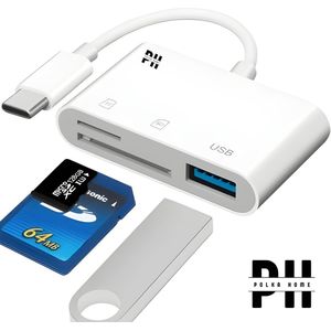 PolkaHome 3-in-1 USB C Kaartlezer – SD & MicroSD (TF) Kaartlezer met USB 3.0 – Supersnelle Gegevensoverdracht – Compatibel met PC, Laptop, MacBook, Chromebook, Smartphone & Tablet – Ideaal voor Foto's, Video's en Back-ups