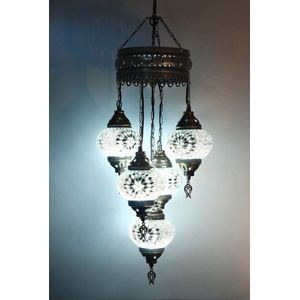 5 globe bollen Turkse hanglamp Oosterse kroonluchter wit mozaïek glas
