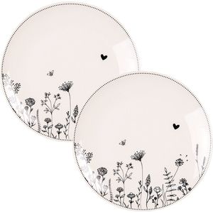 HAES DECO - Dinerborden set van 2 - Formaat Ø 26x2 cm - kleuren Zwart|Beige - Bedrukt Porselein - Collectie: Flora and Fauna - Servies, grote borden