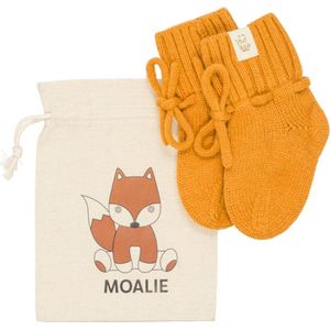 Moalie ®- Baby - Pasgeboren - jongen - meisje - Babyslofjes - babysokken - Merino wol - Oker-Geel - wollen sokken - linnen opbergzakje -kraamcadeau