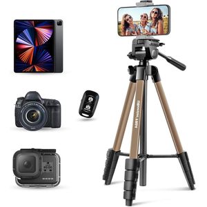 Allecto plus - Camera Statief 163 cm Draagbaar met Afstandsbediening en Telefoon Houder, Aluminium Foto Statief voor Video-opnames en Live Streaming in Champagne - Incl. 2 gratis geheugenkaarten