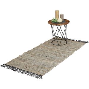 Relaxdays vloerkleed leder en katoen - tapijt met franjes - diverse kleuren - binnenkleed - Grijs, 70x140cm
