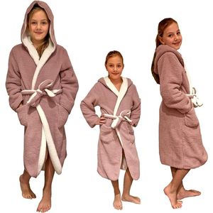 Knuffelfleece badjas voor kinderen - ochtendjas met zakken sjaalkraag riem - omkeerbare kinderbadjas voor jongens en meisjes