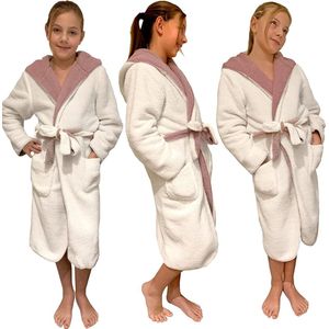 Knuffelfleece badjas voor kinderen - ochtendjas met zakken sjaalkraag riem - omkeerbare kinderbadjas voor jongens en meisjes