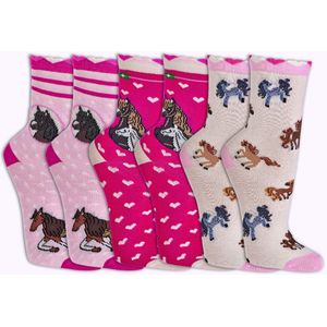 Kindersokken - Romantische Paarden Motieven - 6 Paar - Verschillende Kleurenmix