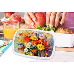 Broodtrommel Wit - Lunchbox Bloemen - Kleurrijk - Olieverf - Bloempot - Brooddoos 18x12x6 cm - Brood lunch box - Broodtrommels voor kinderen en volwassenen