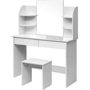 Rootz Kaptafelset met kruk en spiegel - Kaptafel - Make-uptafel - Hoogwaardig hout - Voldoende opbergruimte - Grote spiegel - Duurzaam ontwerp - 40 cm x 143 cm x 108 cm
