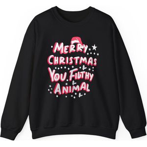 Foute Kersttrui unisex - Christmas Sweater 'Merry Christmas you filthy animal' - Mannen & Vrouwen Maat L - Zwart - Kerst - Kerstcadeau