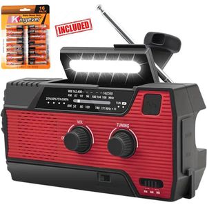 6 IN 1 SOS Noodradio - Werkt ook op Batterijen - INCL 16 BATTERIJEN + Opwindbaar + Zonneenergie + Oplaadbaar - Model 2025 USB C + Nood Radio - Noodpakket ( Accu ) - Solar - Voor Noodrantsoen - Rampen - Draagbare - FM AM - Aanzwengel Radio Rood