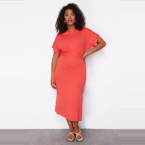 Trendyol Rode Maxi/Lange Gebreide Jurk Van 100% Katoen Met Rechte Snit En Gedetailleerde Split Tbbss22El1640