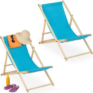 Relaxdays strandstoel hout - set van 2 - inklapbaar - opvouwbare ligstoel - verstelbaar - light Blue