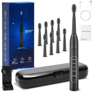 Elektrische Tandenborstel Voor Volwassenen – Sonische Tandenborstel Met 8 Vervangende Borstelkoppen – Reistas En Slimme Timer – 5 Reinigingsstanden – Oplaadbaar En IPX7 Waterdicht Voor Dagelijks Gebruik – Zwarte Tandenborstelset