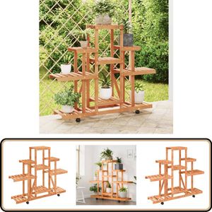 vidaXL Plantenstandaard op wielen - Vurenhout Plantenstandaard - Plantenrek - Vintage Plantenrek - Houten Plantenrek - Retro Design