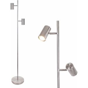 Leeslamp Burgos met 3 standen | 2 lichts | grijs / staal / zilver | metaal | 142 cm hoog | Ø 23 cm voet | staande lamp / vloerlamp | modern design