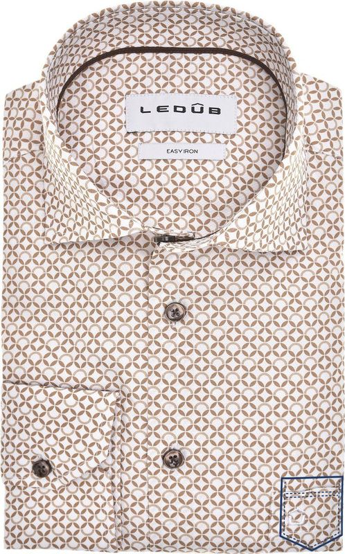 Ledub modern fit overhemd, popeline, bruin met wit dessin
