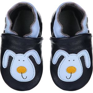 Donkerblauwe leren babyslofjes van Baby-Slofje met hond maat 24/25