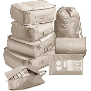 8-delige kledingtassenset, verpakkingsblokjes, compressieverpakkingszakken voor rugzak en koffer, bagage-organizer, kofferorganisator, reiskledingzakken voor kleding, schoenen, ondergoed, cosmetica, kaki