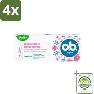 o.b. Tampons - Original Super Plus - Voor Extra Bescherming en Comfort - 16 Tampons - Voordeelverpakking - 4 stuks - Menstruatieschijfjes - Tampons