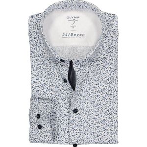 OLYMP Level 5 24/Seven body fit overhemd - blauw met wit gebloemd tricot (contrast) - Strijkvriendelijk - Boordmaat: 38