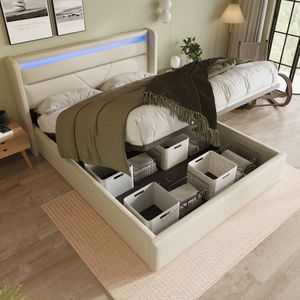 Sweiko Hydraulisch opbergbed met LED-verlichtingsstrip, Tweepersoonsbed Bedframe Gestoffeerd bed 160x200cm, Functioneel bed, Wit